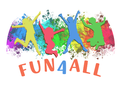 Bright, rainbow colored graphic with silhouettes of people jumping in celebration, below the people it says fun 4 all.